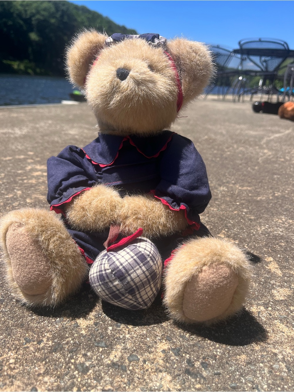 Vintage Boy’s Beard Teddy Bear in Navy Dress with Red Trim - Soft Kids Toy
